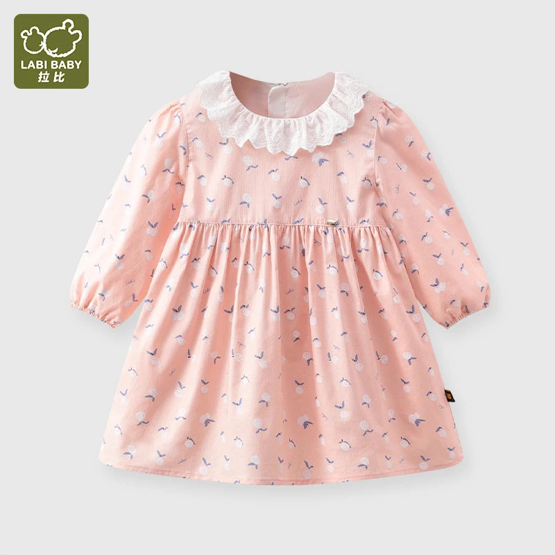 Pink Floral Dresses for Girls Flowers Print Full Sleeve Dress Cotton Lace Round Neck Baby Clothes Kids Knee Length Dress 2024