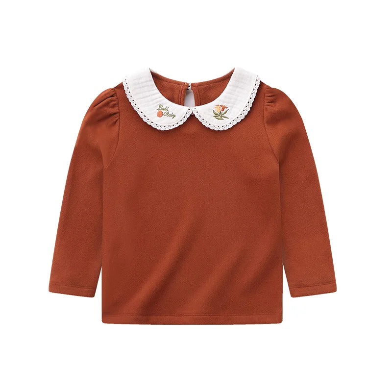 LABI BABY Girls Doll Collar T-shirt Autumn Long Sleeve Tops Flowers Embroidery Lapel Pullover Baby Clothes 1-6 Toddlers Clothing