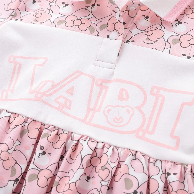 Pink Dresses Bear Cartoon Print Short Sleeve Dress For Kids Girl Cotton Cute kids clothes girl Knee Length dress 2024
