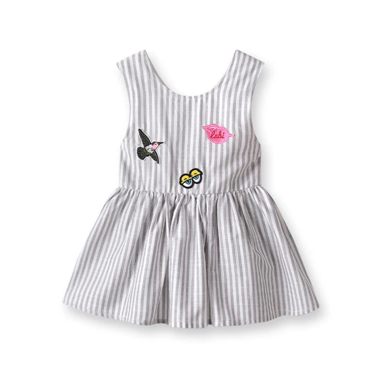 LABI BABY Cute Sleeveless Dresses for Baby Girls Summer Toddler Cotton Dress Cartoon Striped Pattern Thin Clothes Kids Clothing