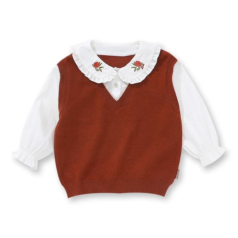 LABI BABY Girls Flower Embroidery Blouse Sweater Set Delicate Ruffled Collar Top Costume Set Kids T shirt Autumn Winter Clothing