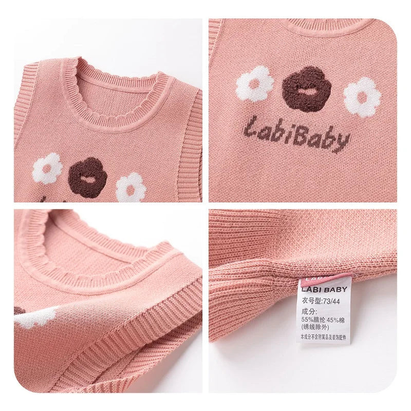 LABI BABY Blossom Knitted Vest for Girls Flowers Pattern Sweater Vest O Neck Pullover Knitwear Sleeveless Sweater Vests Top 2024