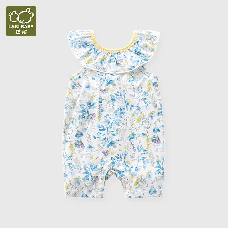 LABI BABY Monos con volantes de algodón para recién nacidos, peleles de verano con estampado de flores, monos para niños y niñas, trajes sin mangas para niños pequeños
