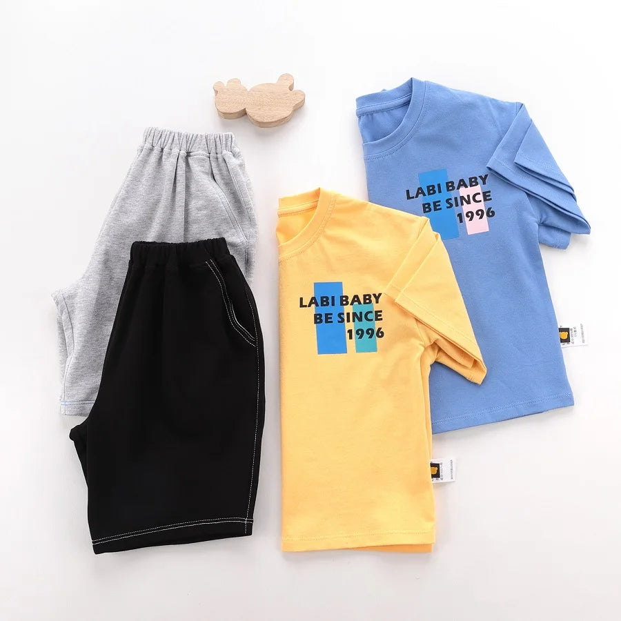 Boys Round Neck Sports Leisure Set Short Sleeve Tops Shorts Yellow Blue Kids T-shirt Summer Letter Print Children Clothing 1-6 T