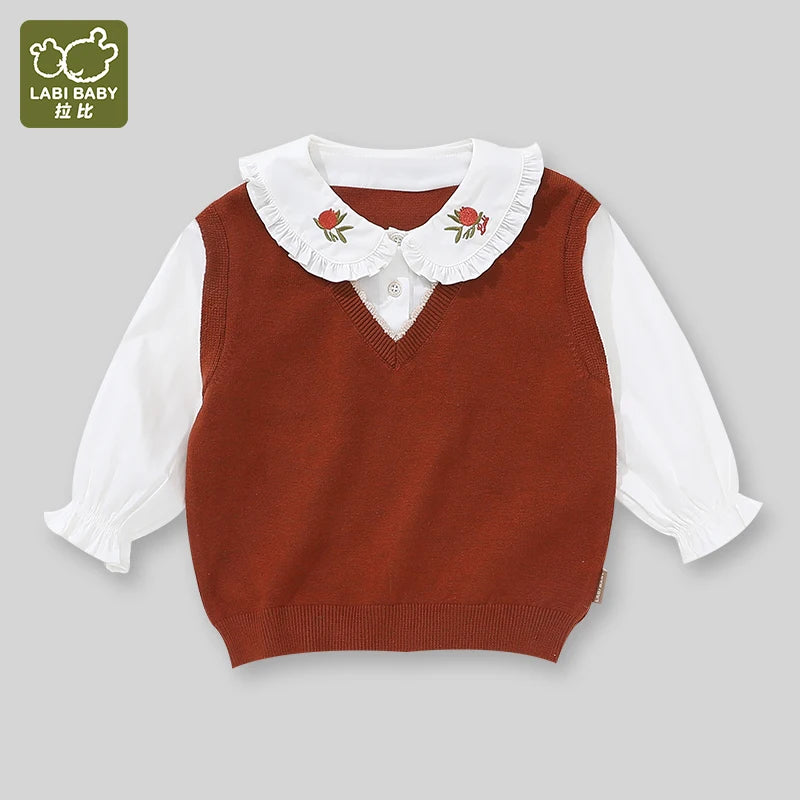LABI BABY Girls Flower Embroidery Blouse Sweater Set Delicate Ruffled Collar Top Costume Set Kids T shirt Autumn Winter Clothing