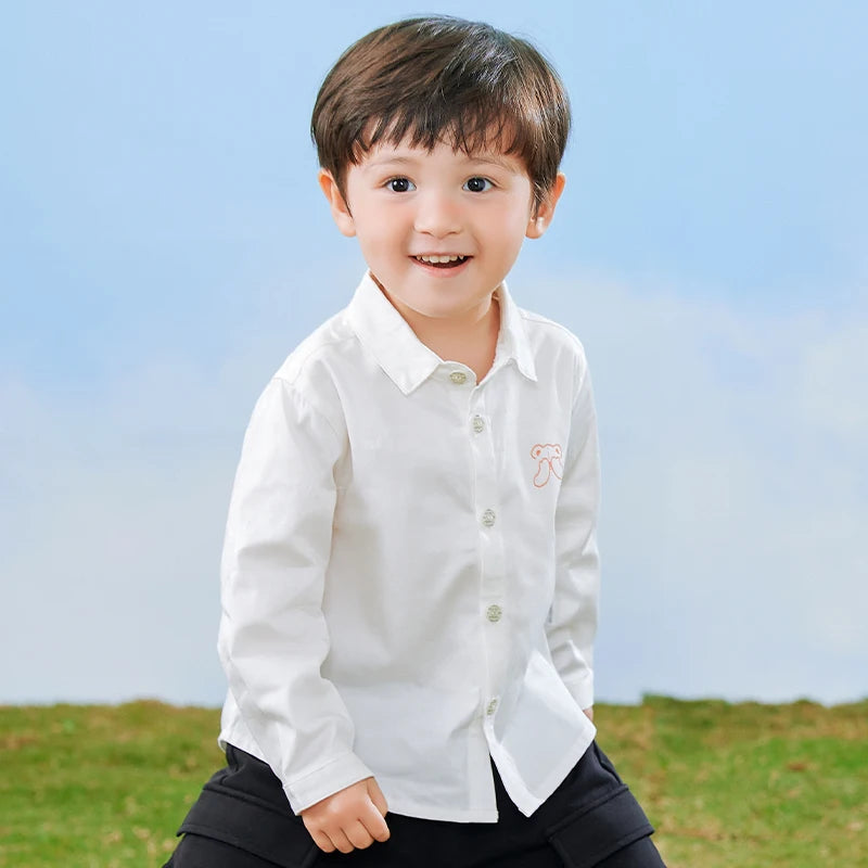LABI BABY Durable White Shirt Kids Classic Blouse for Boys Girls Cotton Long Sleeve Top with Buttons Cartoon Print Shirts