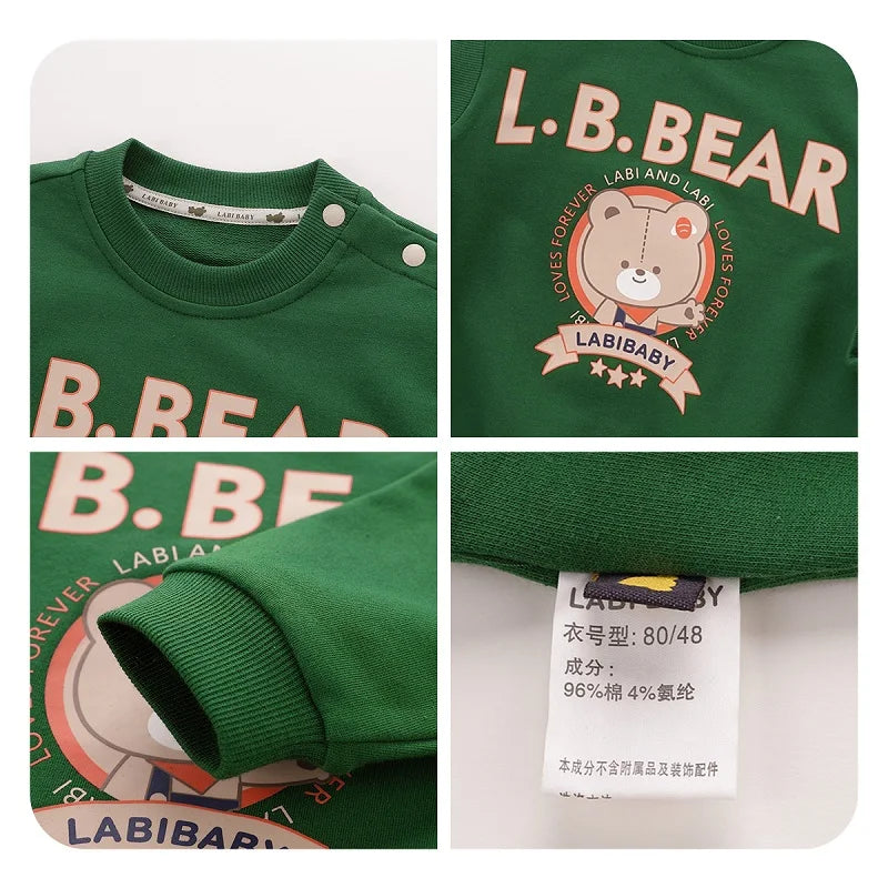 LABI BABY Autumn Sweatshirt for Boys Girls Long Sleeve Hoodies Bear Print Pullover Kids Green Tops Casual Toddler Child Clothes