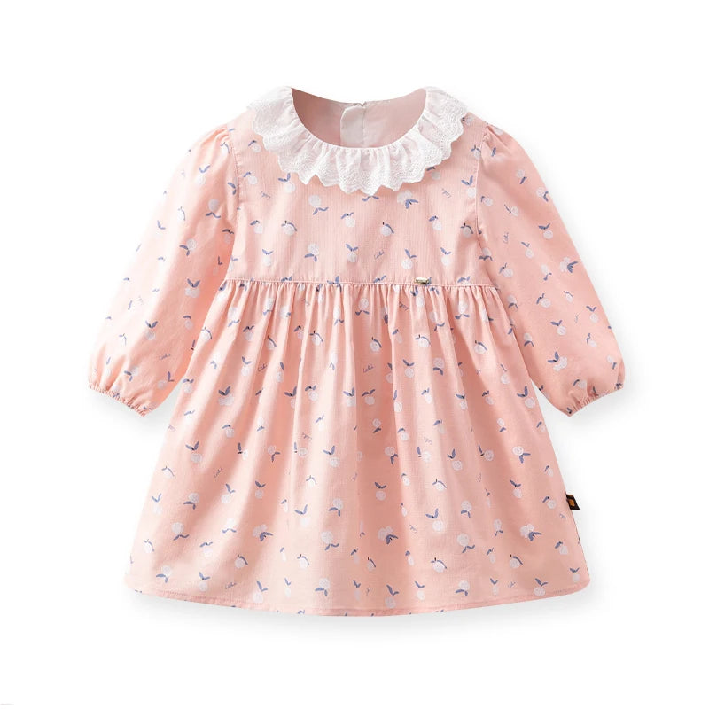 Pink Floral Dresses for Girls Flowers Print Full Sleeve Dress Cotton Lace Round Neck Baby Clothes Kids Knee Length Dress 2024