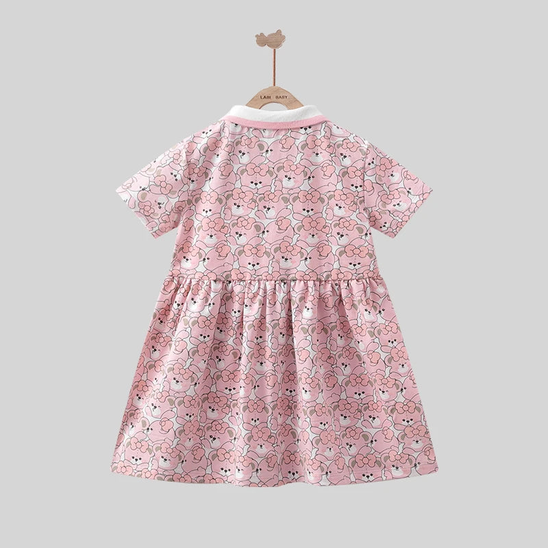 Pink Dresses Bear Cartoon Print Short Sleeve Dress For Kids Girl Cotton Cute kids clothes girl Knee Length dress 2024