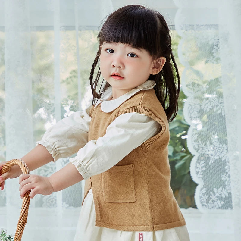 LABI BABY 3 Colors Girls Sweater Vest Autumn Spring Round Neck Pullover Vest Knitted Sweater Top Children Clothes Kids Clothes