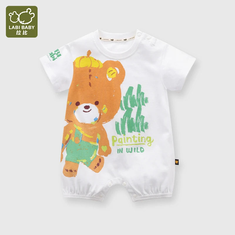 Pelele de verano para recién nacido, mono de manga corta para niños y niñas, monos infantiles con cuello redondo y oso de dibujos animados, ropa bonita para niños pequeños