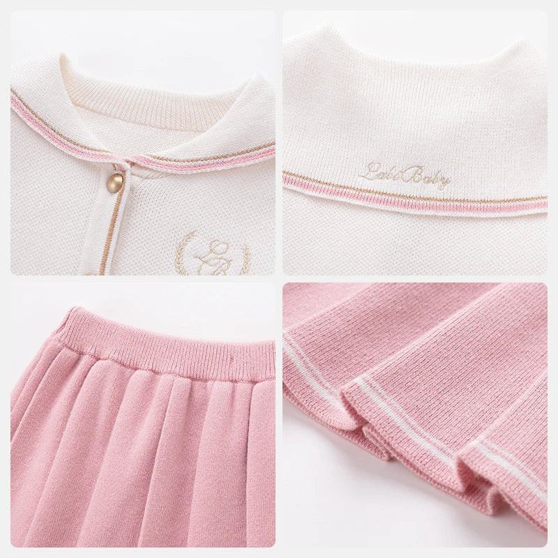 LABI BABY Girls Knitted Sweater and Skirt Set Lovely Long Sleeve Knit Cardigan Pleated Skirts Autumn Kids Boutique Clothing 1-6Y