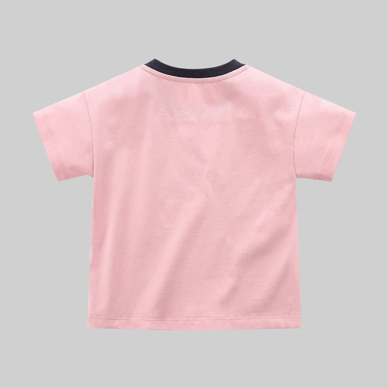 LABI BABY Cute Pink Bear Summer Shoulder Open Buckle Short Sleeve Casual Loose T-shirt