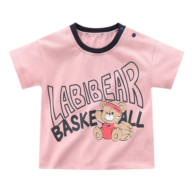 LABI BABY Cute Pink Bear Summer Shoulder Open Buckle Short Sleeve Casual Loose T-shirt