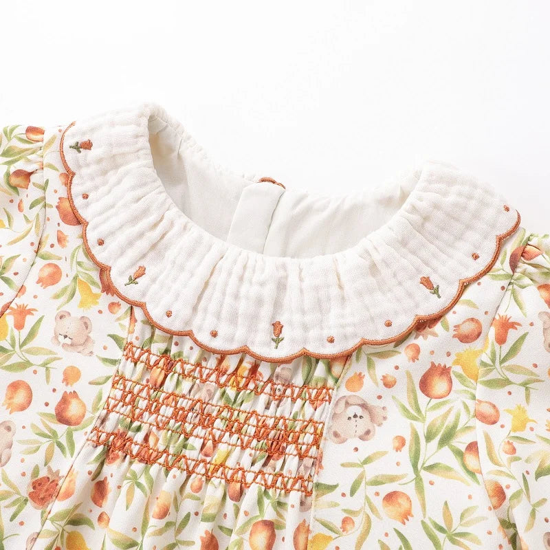 LABI BABY Girls Dress Embroidery Ruffle Lapel Sweet Dresses Autumn Flower Print Long Sleeve Dress Kids Clothing Children Clothes