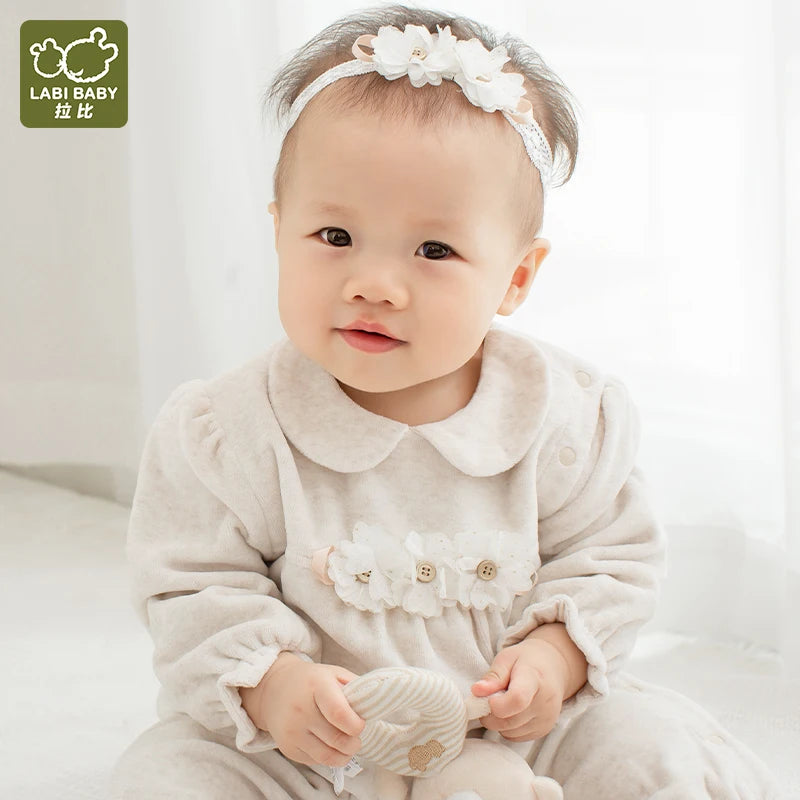 LABI BABY Girls Floral Romper with Headband Toddler Flowers Jumpsuit NewbornBodysuits Infant Kids Onesie Spring Autumn Clothes