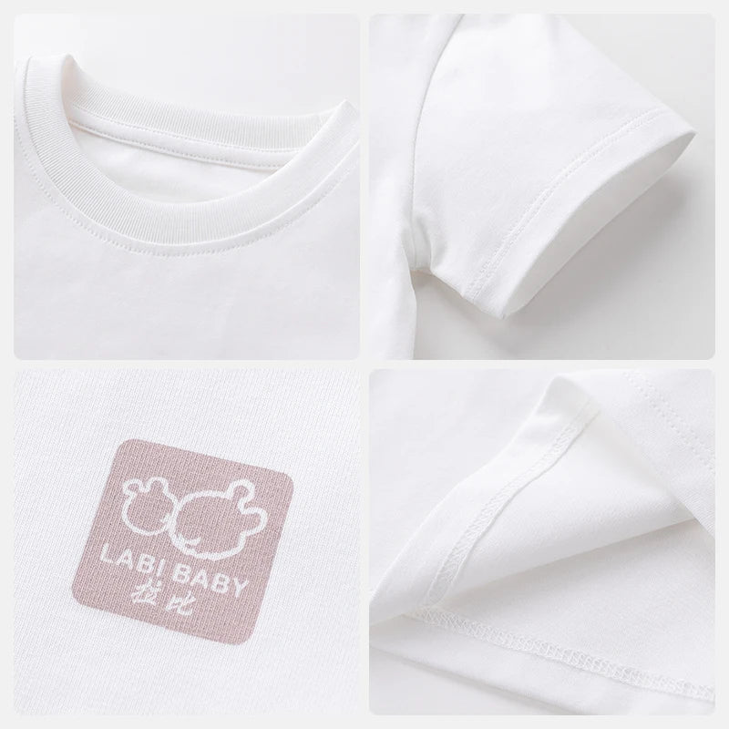 LABI BABY Children Short Sleeved T-shirt Summer Clothes Cotton White Pink Green Grey Solid Color Round Neck Top 1-10 Year Old