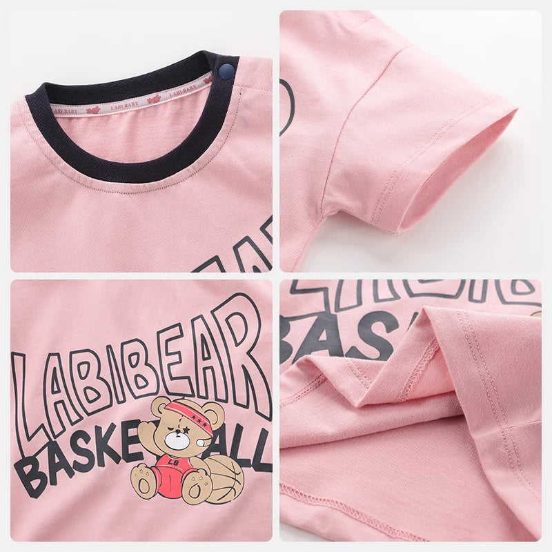 LABI BABY Cute Pink Bear Summer Shoulder Open Buckle Short Sleeve Casual Loose T-shirt