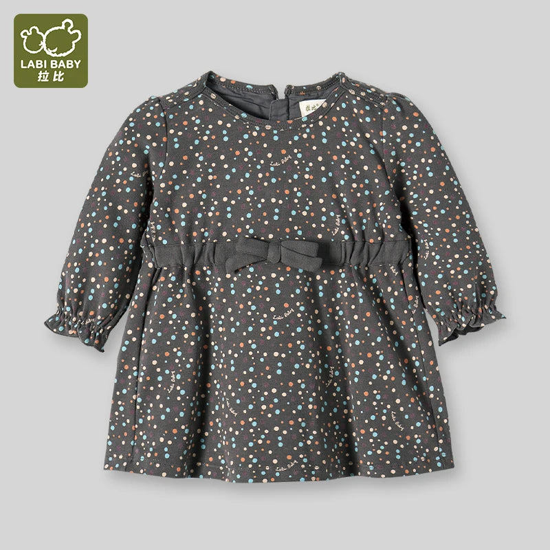 LABI BABY Girl Colorful Dot Print Dresses Sweet Ruffled Long Sleeve Bow Dress for Infant Toddler Girls Autumn Dress Kids Clothes