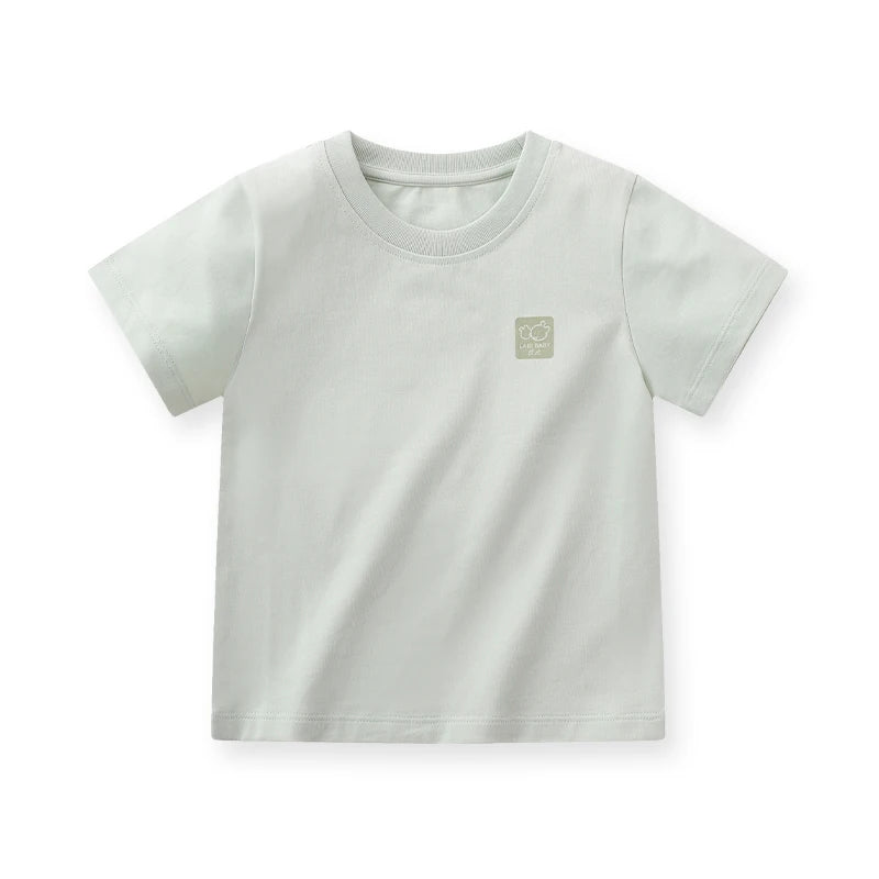 LABI BABY Children Short Sleeved T-shirt Summer Clothes Cotton White Pink Green Grey Solid Color Round Neck Top 1-10 Year Old