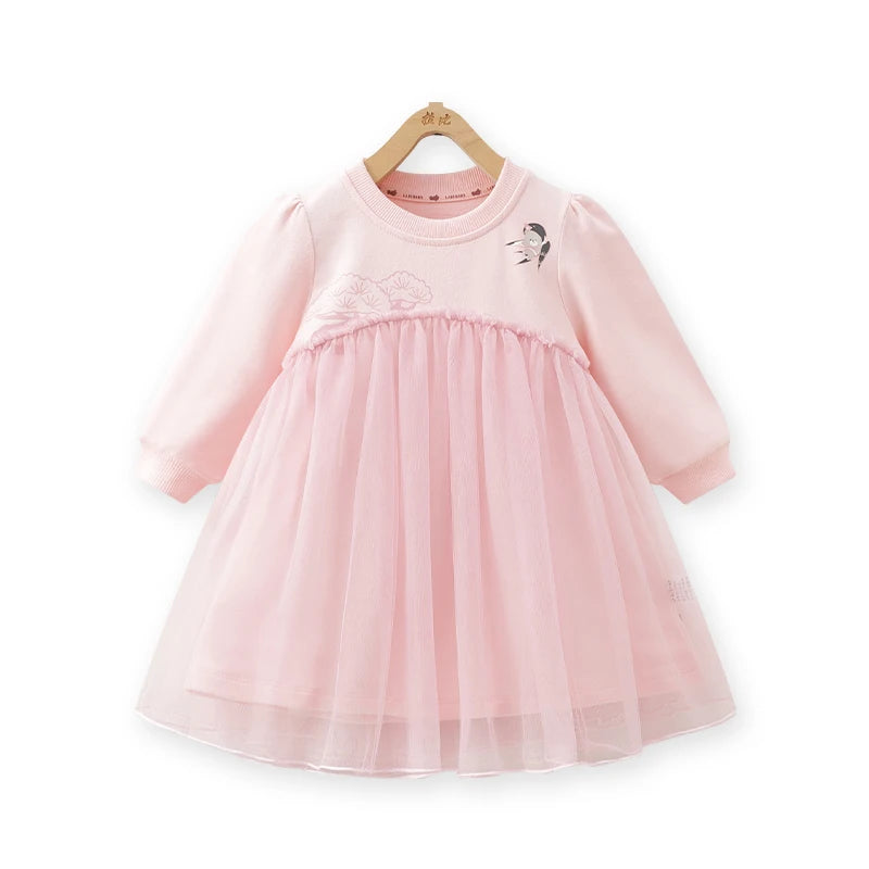 LABI BABY Girls Princess Dresses Sweet Kids Party Dress Children Mesh Dress Long Sleeve Festival Clothes School Casual Clothing