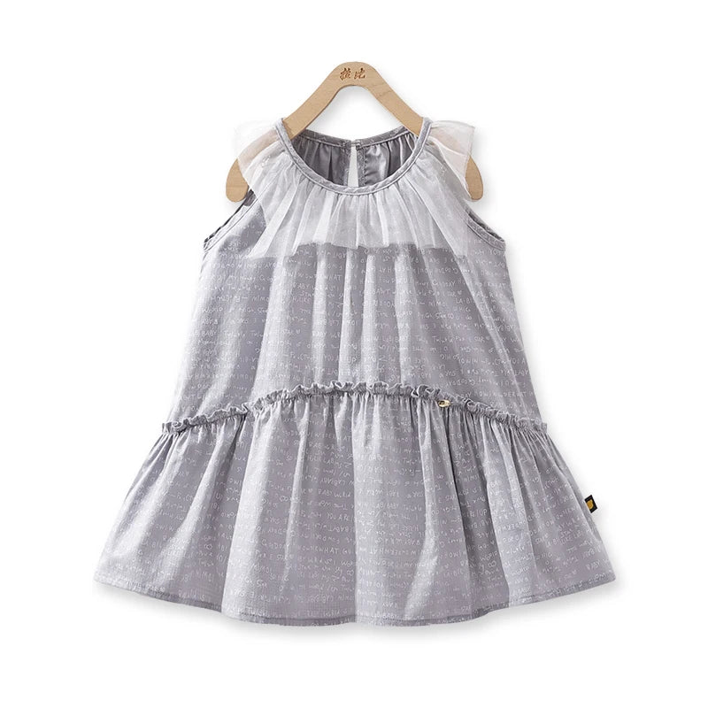 LABI BABY Sleeveless Mesh Collar Dress Summer Dresses for Girls Letters Prints Casual Princess Dress Toddler Infant Kid Clothing