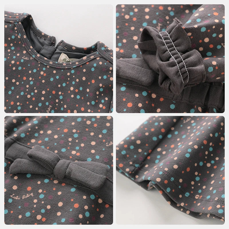 LABI BABY Girl Colorful Dot Print Dresses Sweet Ruffled Long Sleeve Bow Dress for Infant Toddler Girls Autumn Dress Kids Clothes
