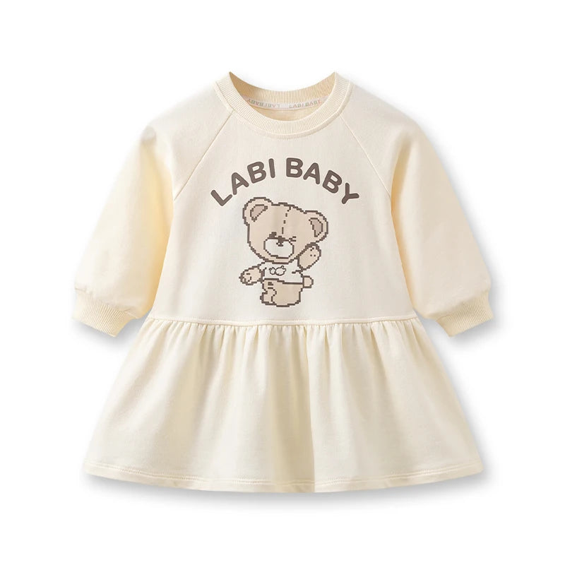 LABI BABY Casual Autumn Dresses for Girls Kids Long Sleeves Round Neck Dress Sweet Children Outdoor Clothing Toddler Clothes