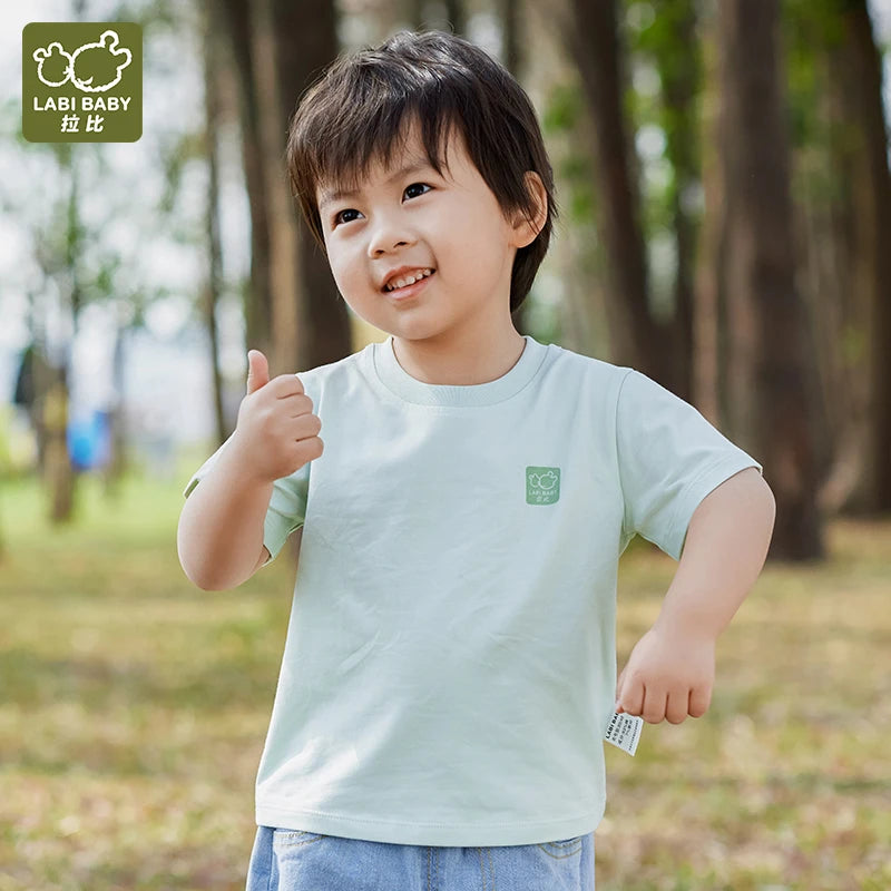 LABI BABY Children Short Sleeved T-shirt Summer Clothes Cotton White Pink Green Grey Solid Color Round Neck Top 1-10 Year Old
