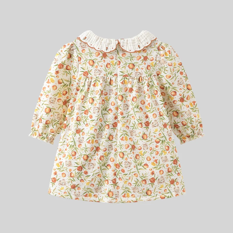 LABI BABY Girls Dress Embroidery Ruffle Lapel Sweet Dresses Autumn Flower Print Long Sleeve Dress Kids Clothing Children Clothes