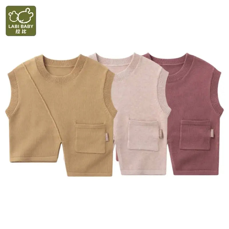 LABI BABY 3 Colors Girls Sweater Vest Autumn Spring Round Neck Pullover Vest Knitted Sweater Top Children Clothes Kids Clothes