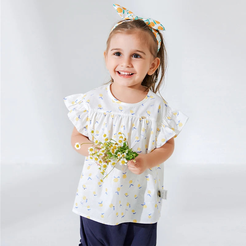 LABI BABY Girls Summer Ruffle Top Shirt Floral Prints Short Outfits Set Toddler Fly Sleeve T shirt Costume Kids Flowers Clothes