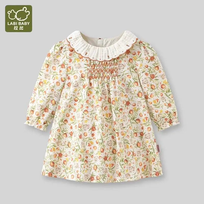 LABI BABY Girls Dress Embroidery Ruffle Lapel Sweet Dresses Autumn Flower Print Long Sleeve Dress Kids Clothing Children Clothes