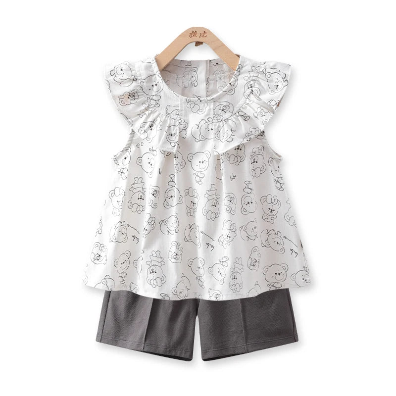 LABI BABY Girls Summer Sleeveless Ruffle Costume Set Butterfly Sleeve Top Outfits Set Toddler Cartoon Print T shirt Kids Clothes