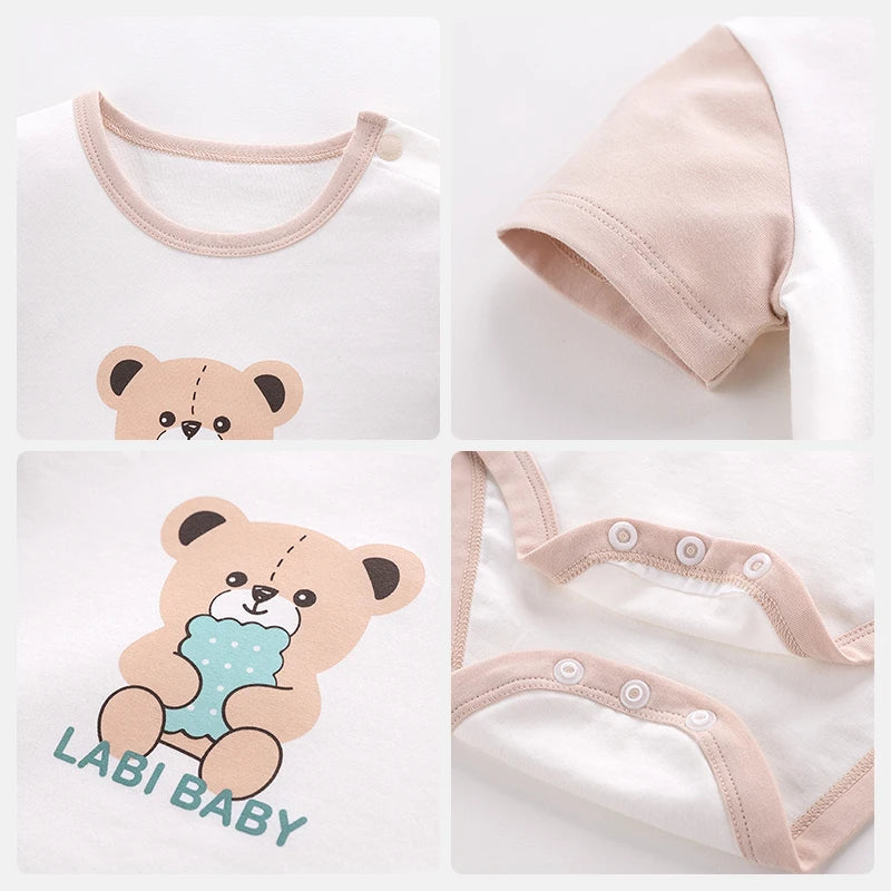 LABI BABY Short Sleeve Romper Summer Bear Print Cotton Bodysuit for Newborn Toddler Jumpsuit Infant Clothing Boys Girls Clothes