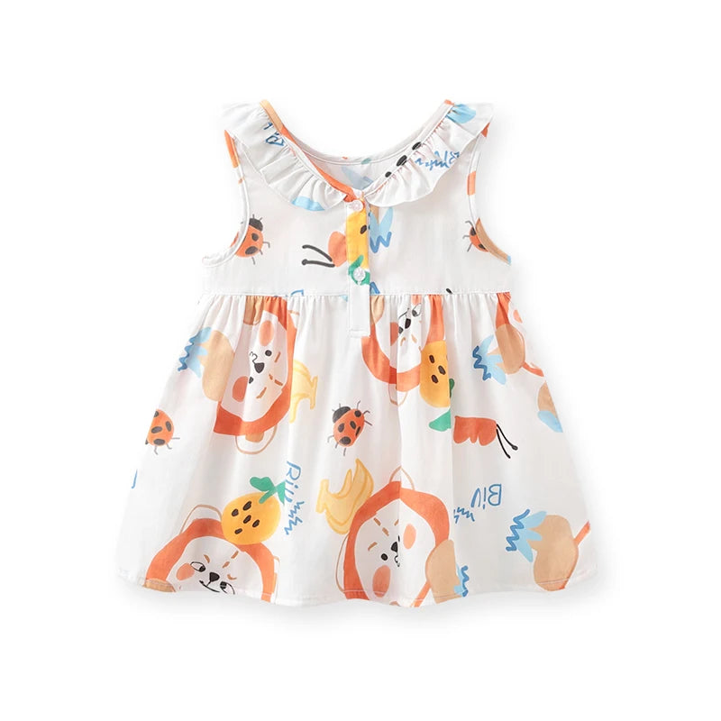 Summer Girls Dresses Cartoon Print Sleeveless Cotton Dress for Girls Kids Children Cute Round Neck Dresses Baby Girls Clothes