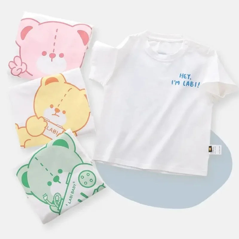 Summer Boys Girls Short Sleeve Round Neck T shirt Yellow Green Blue Cartoon Bear Top Casual Sports Tops Kids Children Clothing