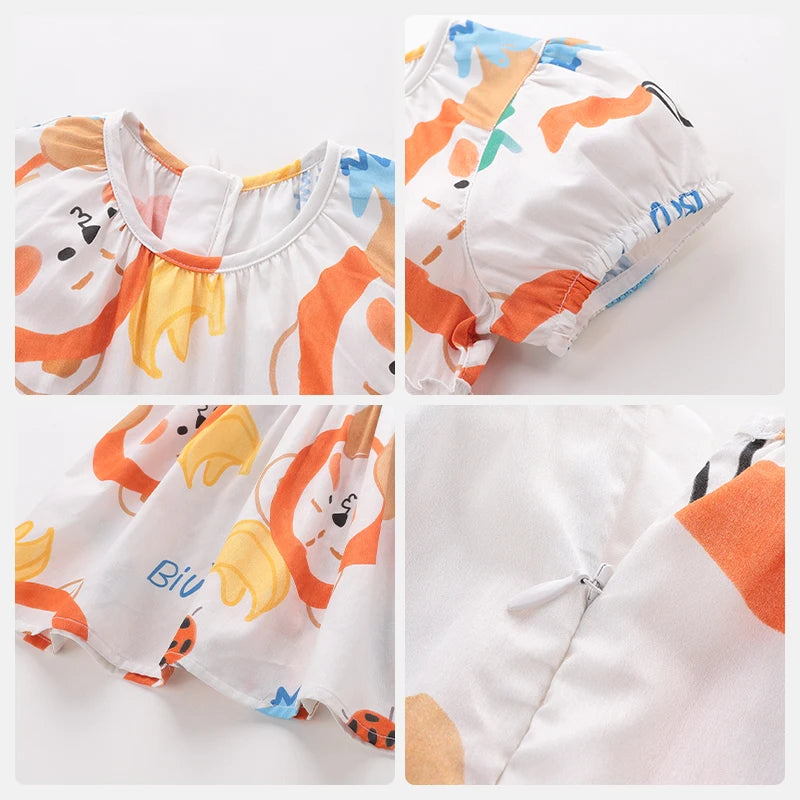 Girls Elegant Dresses Cartoon Print Puff Short Sleeve Dress for Kids Girl Cotton Cute Kids Clothes Girl Round Neck Dress 2024