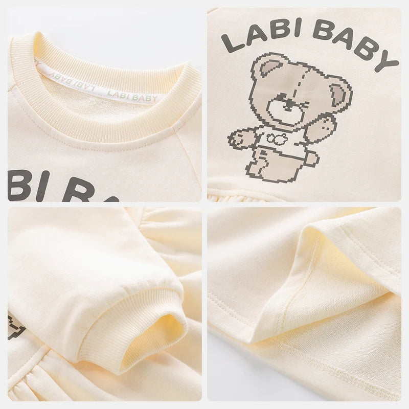 LABI BABY Casual Autumn Dresses for Girls Kids Long Sleeves Round Neck Dress Sweet Children Outdoor Clothing Toddler Clothes