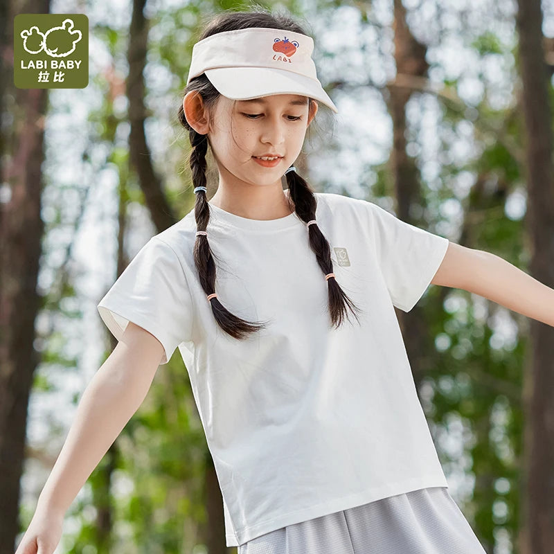 LABI BABY Children Short Sleeved T-shirt Summer Clothes Cotton White Pink Green Grey Solid Color Round Neck Top 1-10 Year Old