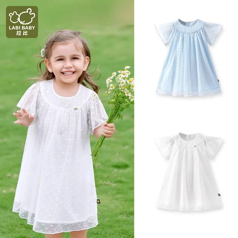 Summer Girl Heart Mesh Layered Dress High end Princess Fairy Dresses Flower Sleeve Frocks White Blue Dresses Kids Children Cloth