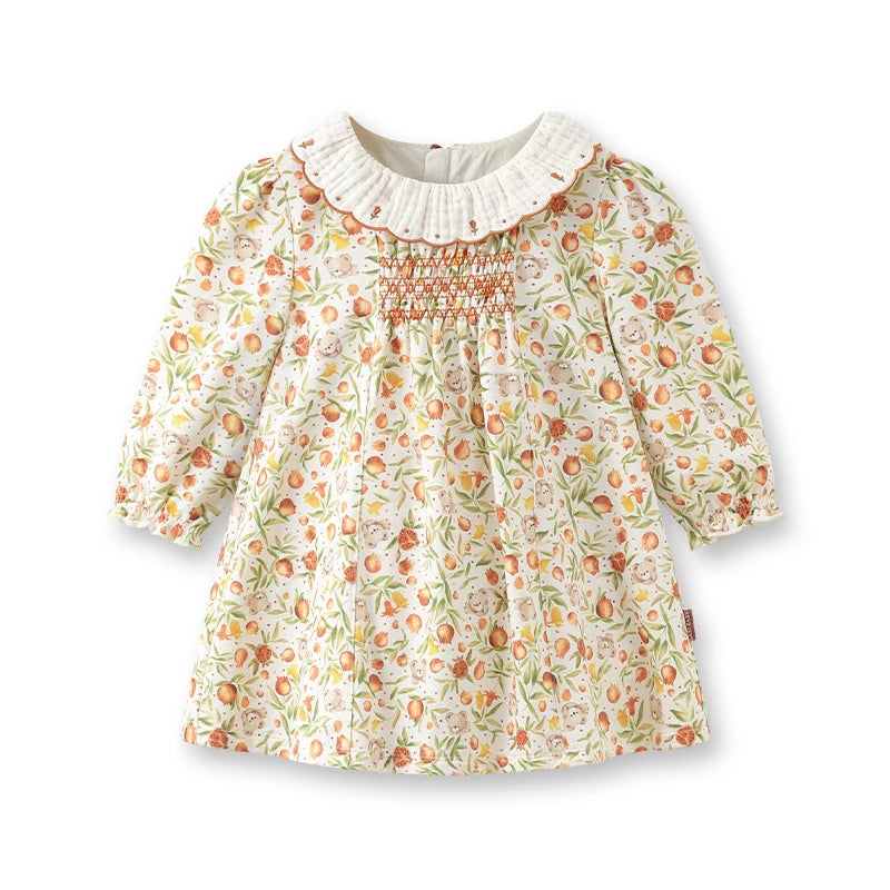 LABI BABY Girls Dress Embroidery Ruffle Lapel Sweet Dresses Autumn Flower Print Long Sleeve Dress Kids Clothing Children Clothes