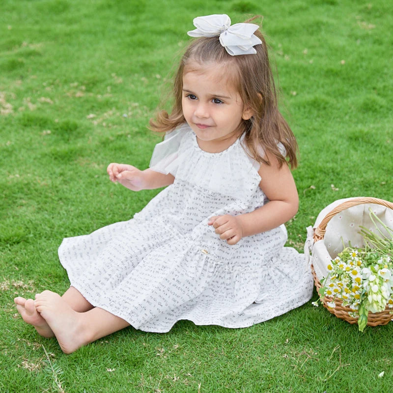 LABI BABY Sleeveless Mesh Collar Dress Summer Dresses for Girls Letters Prints Casual Princess Dress Toddler Infant Kid Clothing