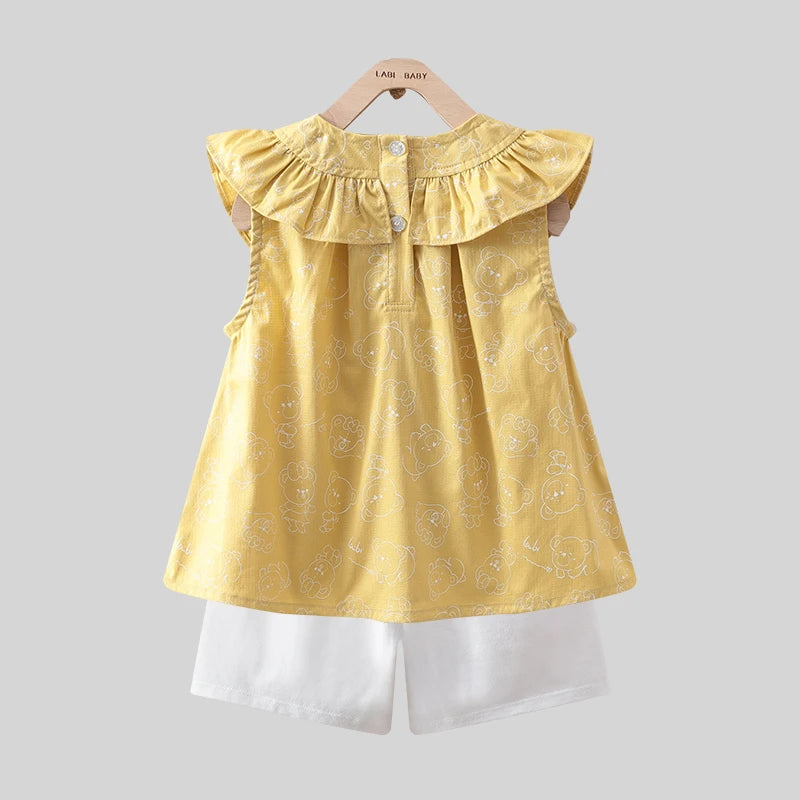 LABI BABY Girls Summer Sleeveless Ruffle Costume Set Butterfly Sleeve Top Outfits Set Toddler Cartoon Print T shirt Kids Clothes