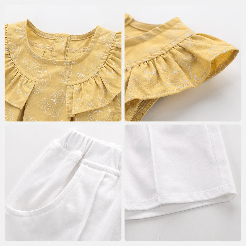 LABI BABY Girls Summer Sleeveless Ruffle Costume Set Butterfly Sleeve Top Outfits Set Toddler Cartoon Print T shirt Kids Clothes
