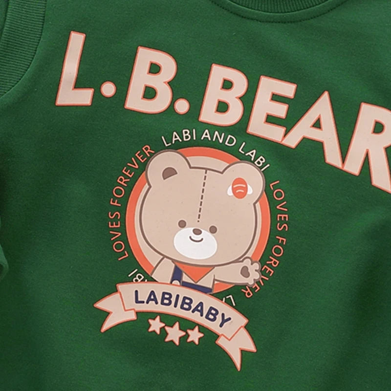 LABI BABY Autumn Sweatshirt for Boys Girls Long Sleeve Hoodies Bear Print Pullover Kids Green Tops Casual Toddler Child Clothes