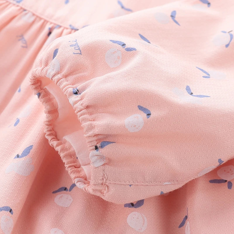 Pink Floral Dresses for Girls Flowers Print Full Sleeve Dress Cotton Lace Round Neck Baby Clothes Kids Knee Length Dress 2024