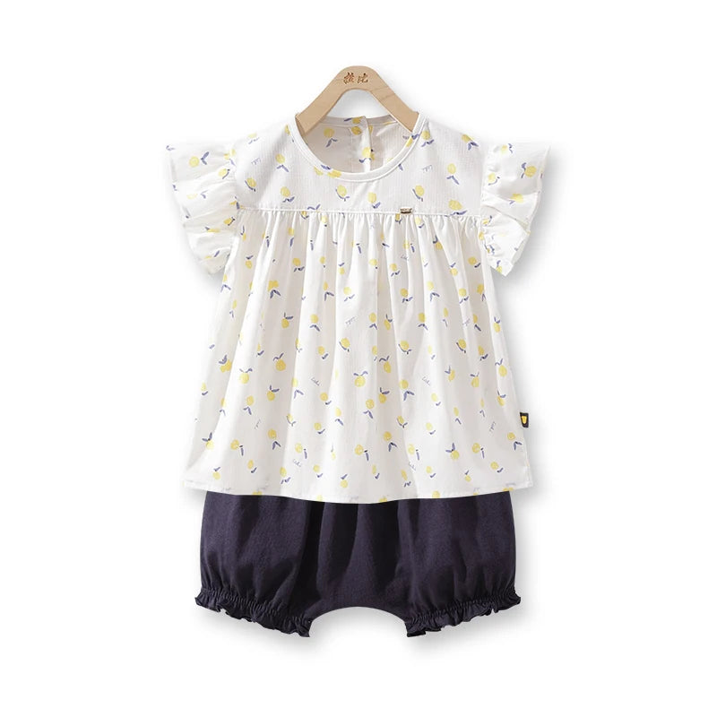 LABI BABY Girls Summer Ruffle Top Shirt Floral Prints Short Outfits Set Toddler Fly Sleeve T shirt Costume Kids Flowers Clothes