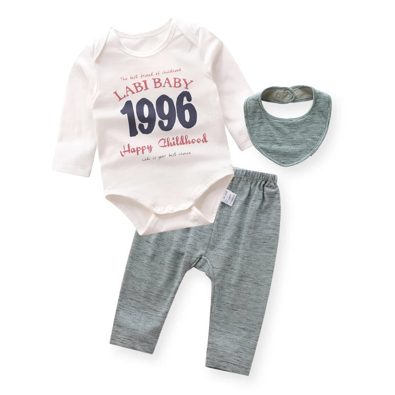 Spring and Autumn 3-18 Months Jumpsuit Clothing Mouth Water Scarf and Pants 3-piece Set for Boys and Girls Baby Clothing