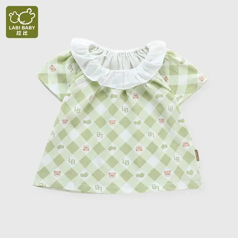 Girls Summer Top Short Sleeve Green T Shirt for Kids Girl Sweet Plaid Bear Print Tops 1-6 Years Children Baby Cotton Clothes